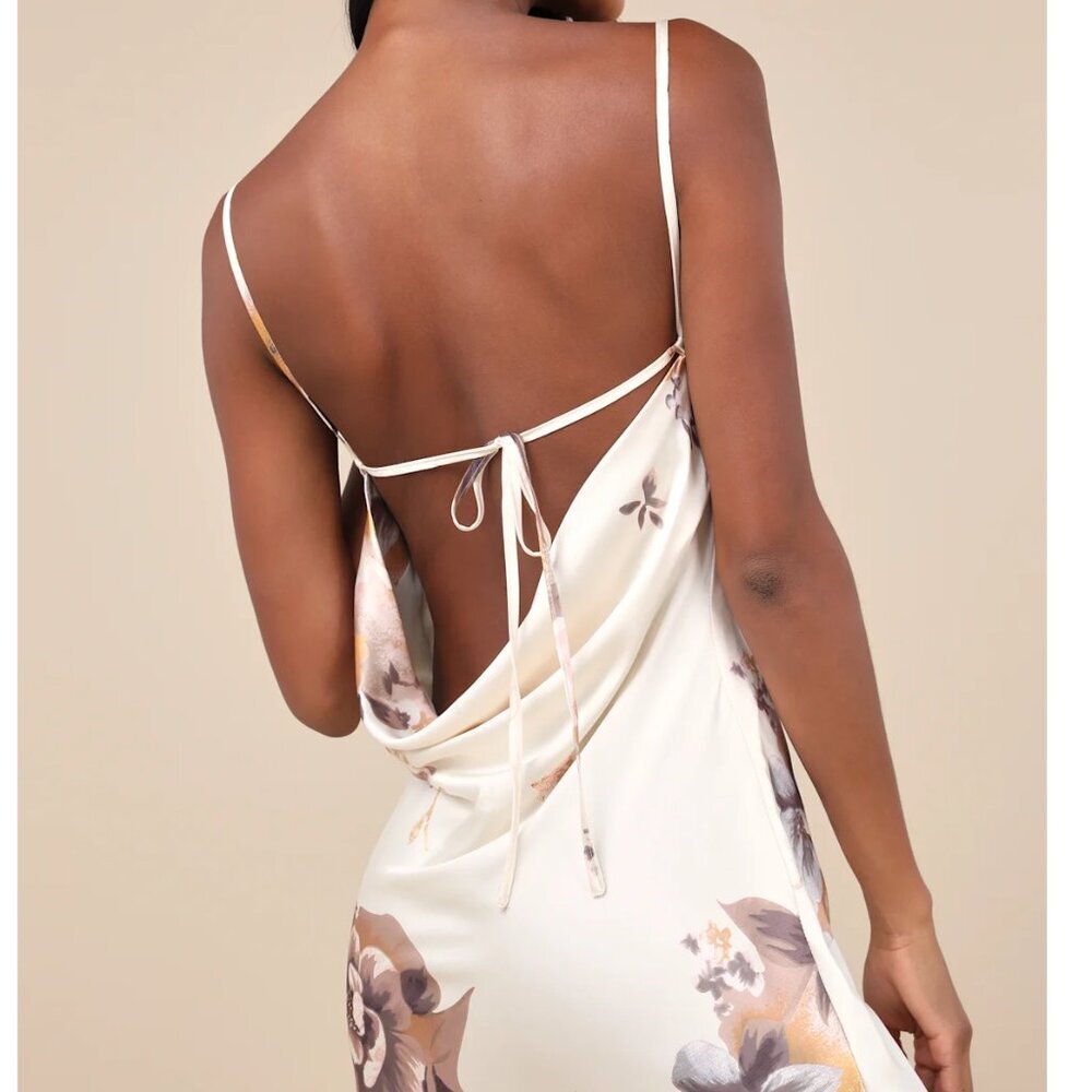 Lulus Certified Stunning Beige Satin Floral Lace-up Midi Dress - Size L - Picture 3 of 8